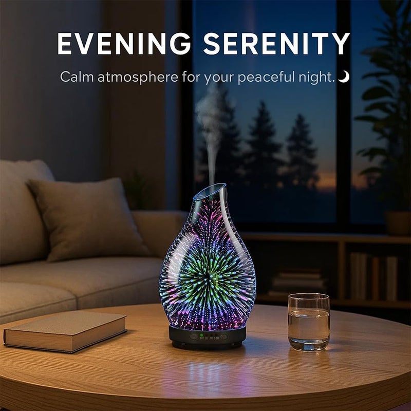 JOYOLO 120ML Essential Oil Diffuser, 3D Glass Aromatherapy Diffuser with Auto Shut-Off and 7 Color LED Lights, Ultrasonic Mist Humidifier with 4 Timer for Home Office Bedroom (3D Fireworks) - Image 1